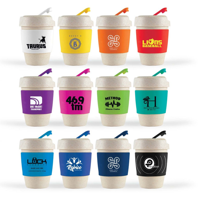 A collection of reusable coffee cups in various colors, featuring silicone bands and diverse logos.