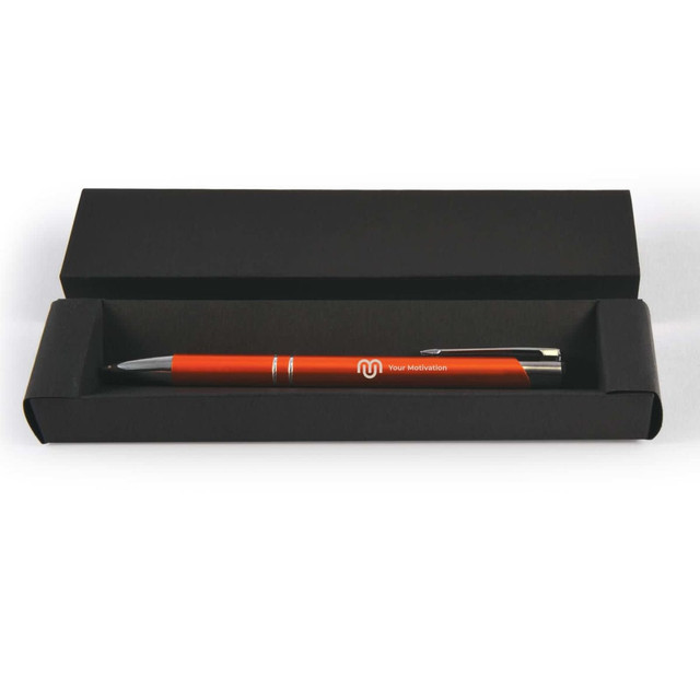 A black cardboard pen box containing a red pen with a silver clip and branding.