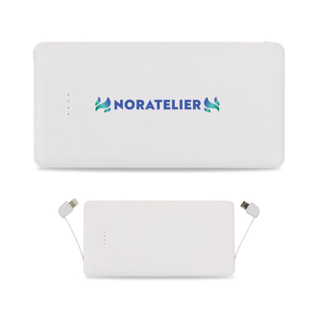A white power bank featuring integrated charging cables and a logo on the surface.