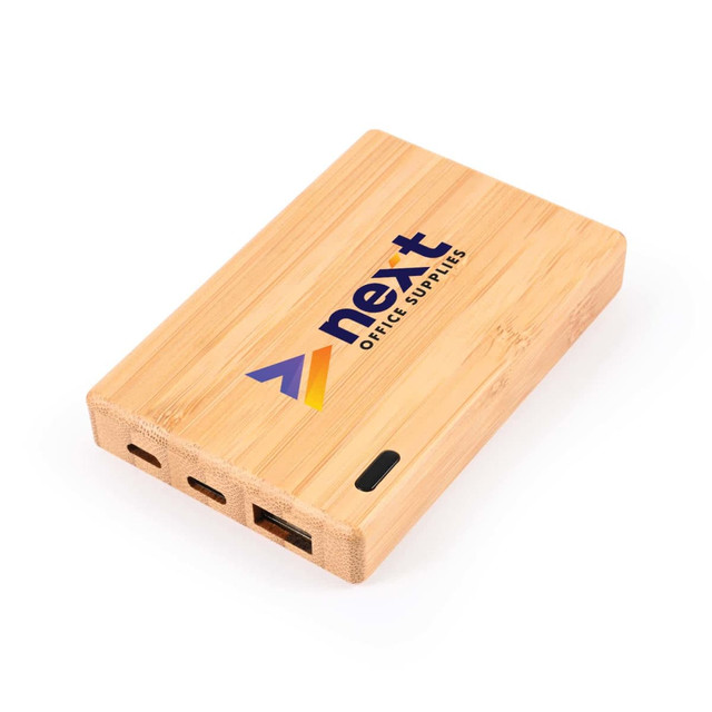 A bamboo power bank in natural color with a logo, featuring multiple ports for charging devices.