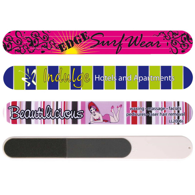 A collection of nail files in various colors, including pink, green, and black, featuring different designs and branding.