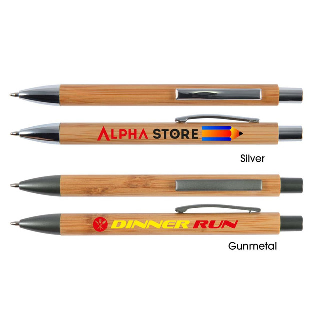 A collection of bamboo pens in silver and gunmetal colors, featuring various logos.