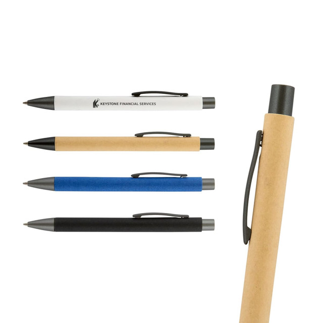A set of four pens in white, brown, blue, and black with a silver clip and logo branding.