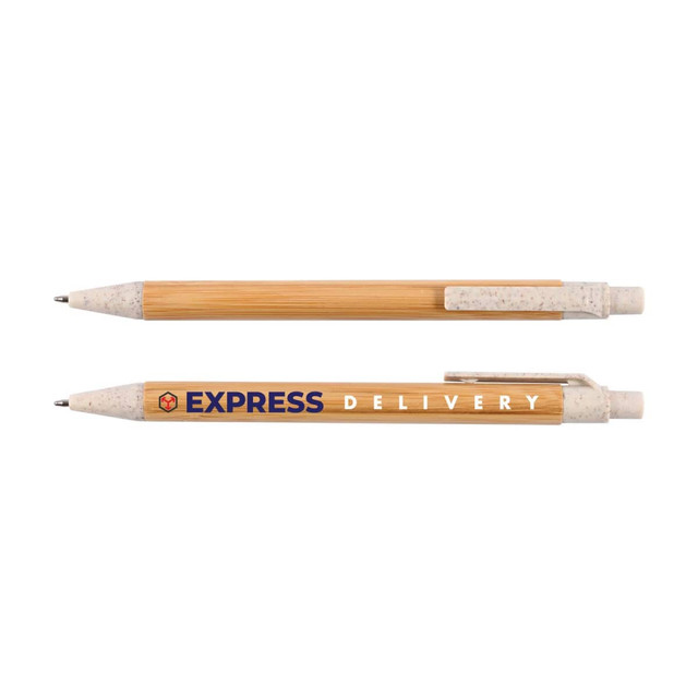 A bamboo pen featuring a natural wooden finish with a light-colored grip, includes a branding logo.