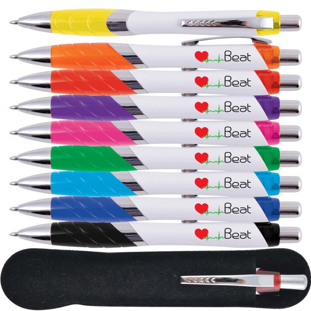 A collection of colorful plastic pens, including yellow, green, purple, orange, and pink, displayed on a black holder.