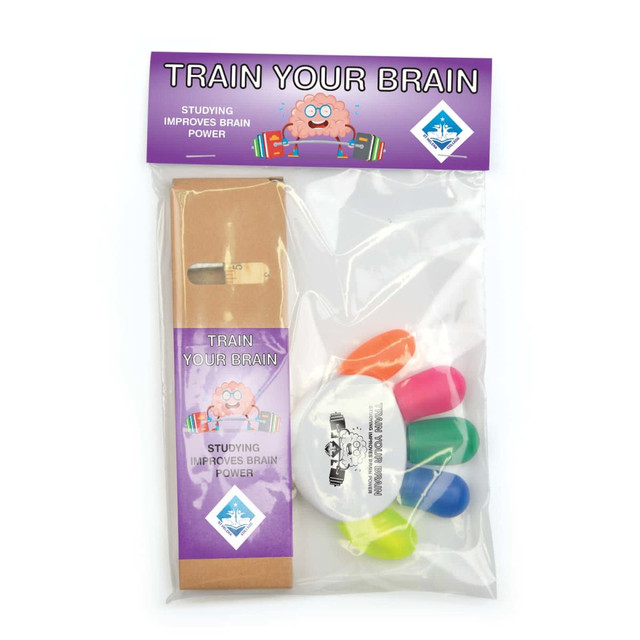 A clear plastic bag containing a set of colorful markers and a brain-shaped cartoon character with a logo.
