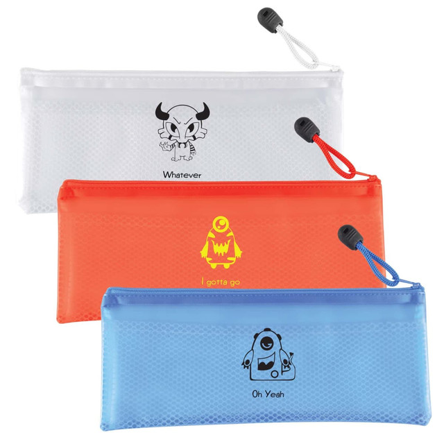 Three zippered pencil cases in white, orange, and blue, each with a cartoon character design and a branding logo.
