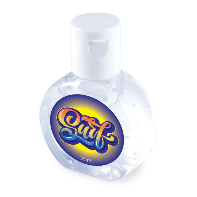 A bottle of Fresh Gel Hand Sanitiser with a colorful label and a flip-top cap, containing 35ml of clear gel.