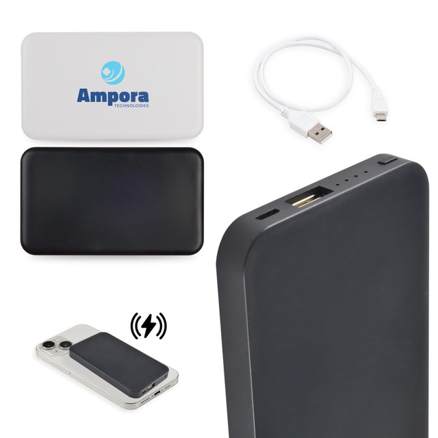 A wireless power bank in black, with a white top panel featuring a logo, accompanied by a charging cable.