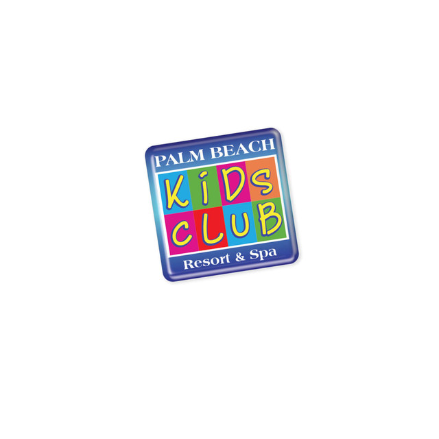 A square, resin-coated label featuring colorful blocks with the text "PALM BEACH KIDS CLUB Resort & Spa."