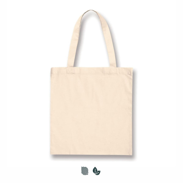 A plain beige cotton tote bag with two handles and a logo. The bag is rectangular in shape.
