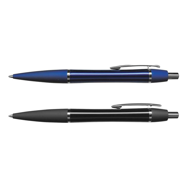 Two metal pens are displayed: one with a blue finish and chrome accents, and the other in a matte black finish with chrome details.
