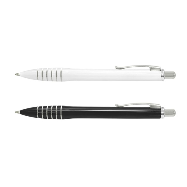 Two plastic pens are displayed: one white with silver detailing and one black with silver detailing, both featuring a logo.