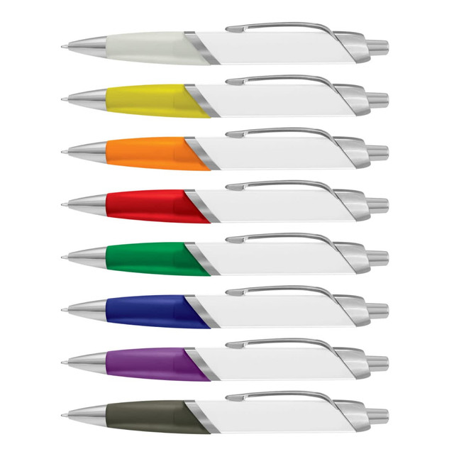 A collection of eight plastic pens in various bright colours, each featuring a metallic clip and a branded design.