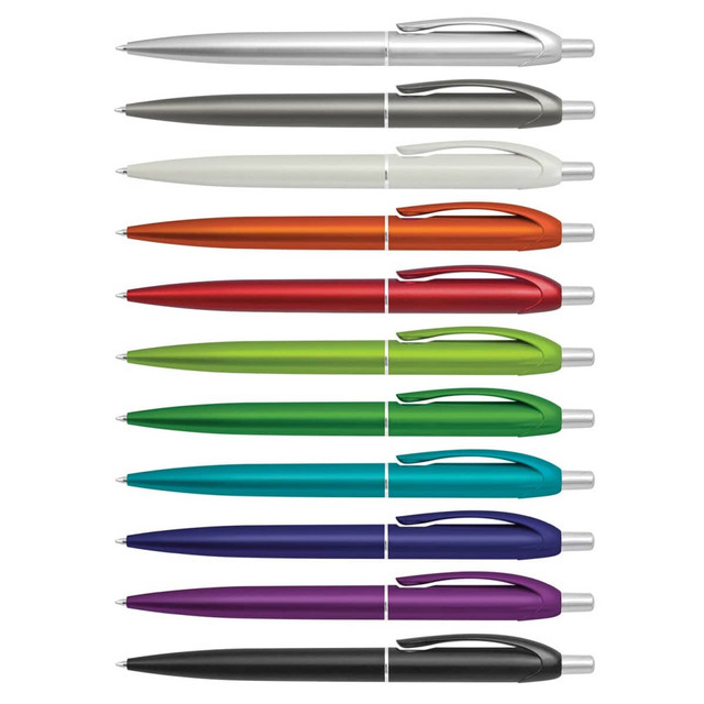 A collection of twelve plastic pens in various colours, including silver, grey, white, orange, green, and purple, featuring a logo.