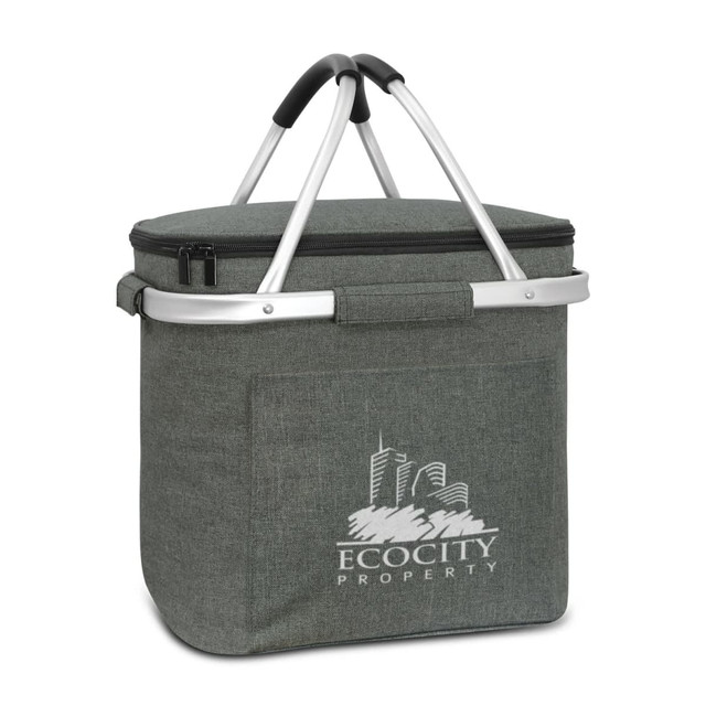 A drink bottle basket in grey with a silver handle and a logo on the front. The design is sleek and portable.
