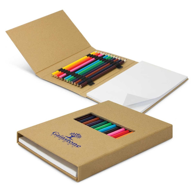 A creative sketch set featuring assorted coloured pencils in vibrant hues, presented in a cardboard case with an attached notepad.