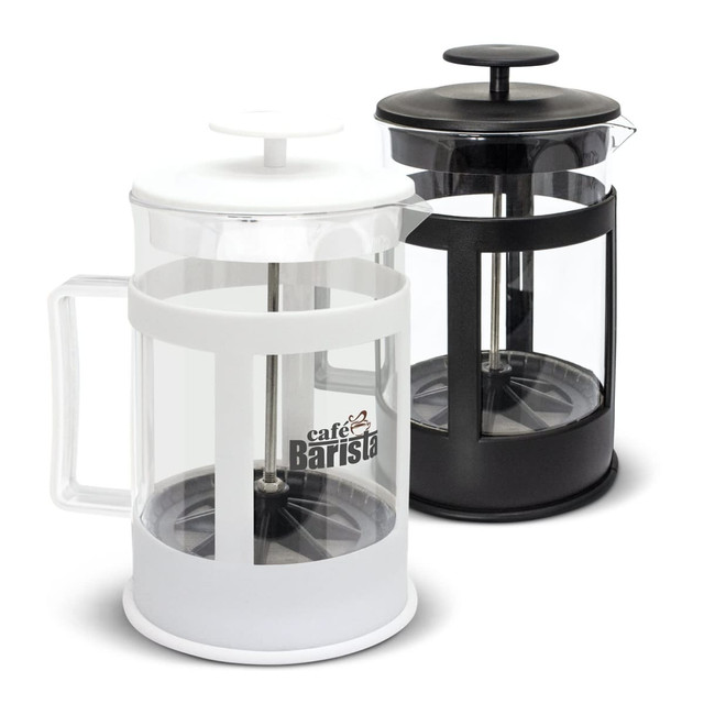 A large coffee plunger in white and black, featuring glass chambers and a logo. Suitable for tea and coffee accessories.