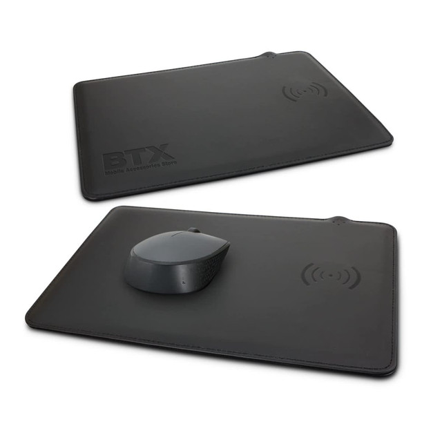 A black wireless charging mouse mat with an embedded charging pad for compatible devices. It features a logo.