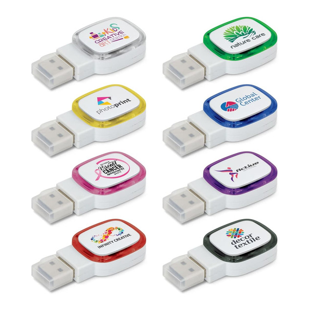 A collection of eight colourful flash drives in various shapes, each featuring a logo on the top.