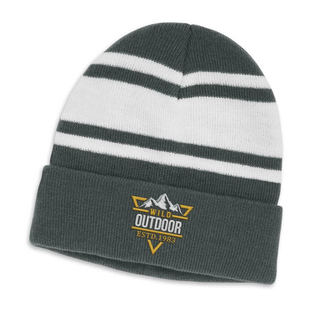 A green and white striped beanie with a folded cuff and a logo on the front.