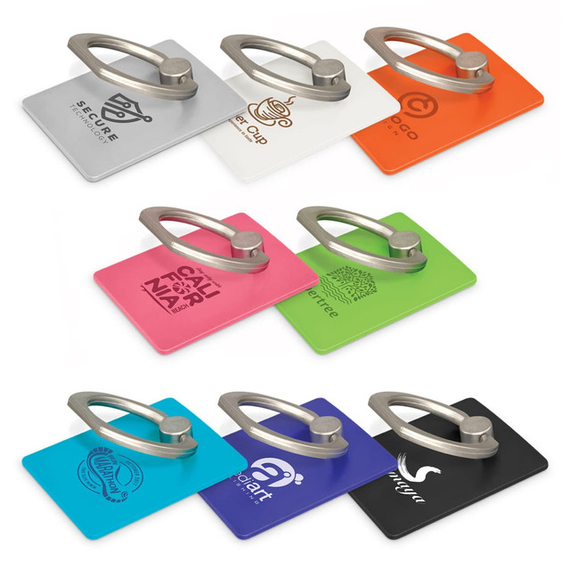 A collection of phone grips in various colours including white, orange, pink, green, blue, and black, featuring different shapes and a metal clip.