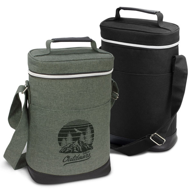 A drink bottle cooler bag in green and black with adjustable straps and a logo.