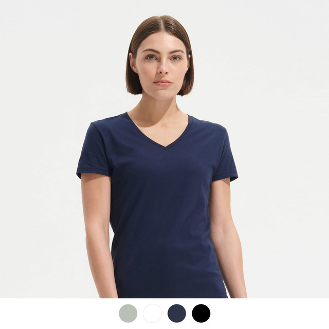 A navy V-neck women's T-shirt featuring a fitted cut and short sleeves, with visible colour options below.