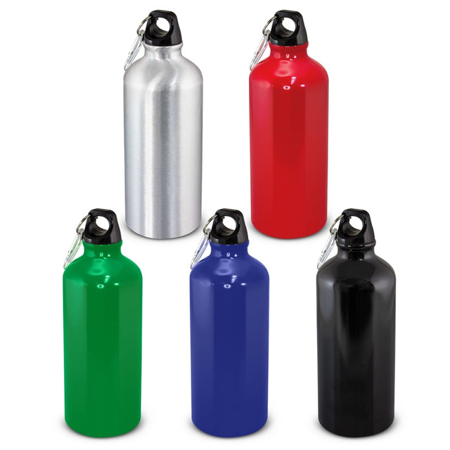 A drink bottle collection featuring silver, red, green, blue, and black colours, each with a black lid and carrying handle.