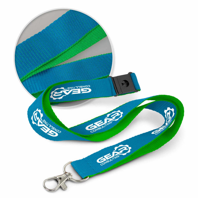 A blue and green duplex lanyard with a clip and a logo. The lanyard has a soft texture and smooth finish.