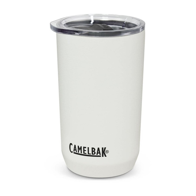 A drink bottle features a white finish with a clear lid and a branding logo. It holds 500ml of liquid.