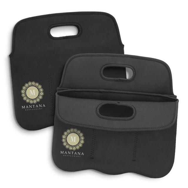 A neoprene stubby cooler bag in black, featuring two compartments and a logo on the front.