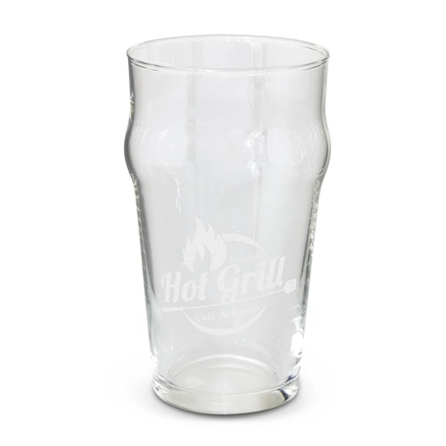 A transparent beer glass with a smooth, curved design and a subtle etched logo.