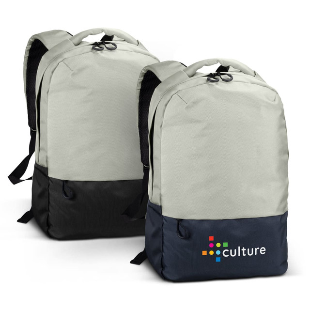 A grey and black laptop backpack featuring a logo on the front. Two identical bags are displayed.