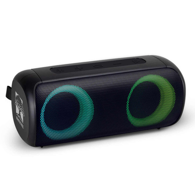 A Bluetooth speaker in black with green and blue light accents, featuring control buttons on the top and a logo.