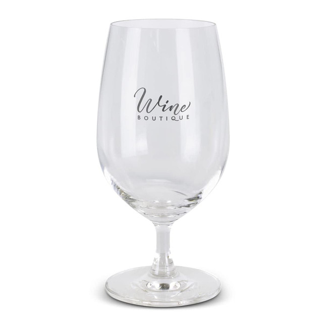 A clear wine glass with a curved bowl and a sturdy base, featuring a logo.
