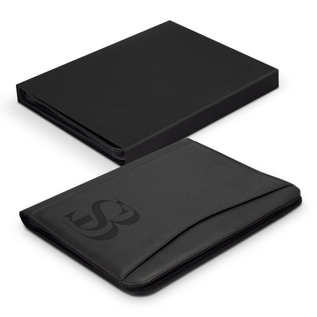 A black Carrington Portfolio with a textured exterior and a logo, featuring a sleek, magnetic closure.