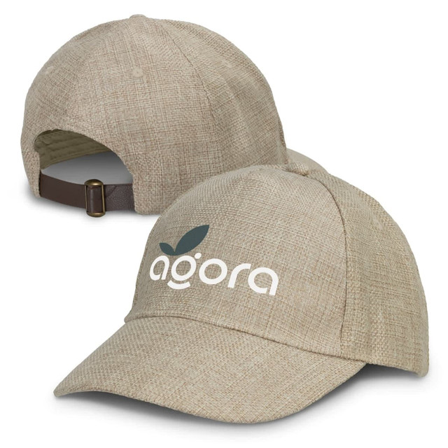 A beige cap featuring a logo on the front and an adjustable strap at the back.
