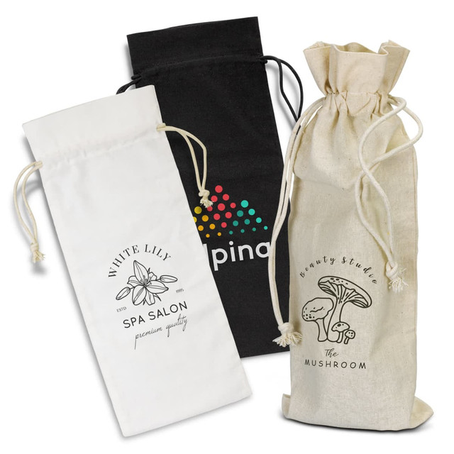 Three cotton drawstring bags in black, white, and natural, featuring different designs and logos.