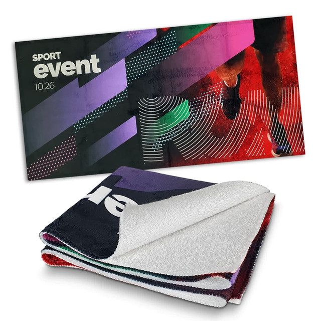 A full-colour sports fit towel in vibrant shades, featuring a textured design and a visible logo.