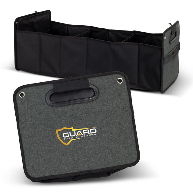 A grey trunk organiser with multiple compartments and a handle, featuring a logo on the side.