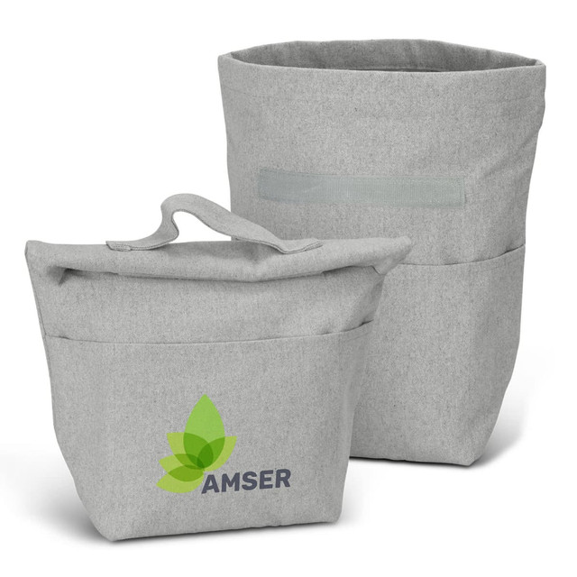 A grey cooler bag set featuring two bags with a logo on the smaller bag and a handle on top.