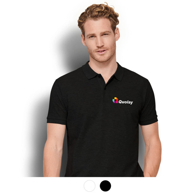 A black men's polo shirt featuring a logo on the left chest area.