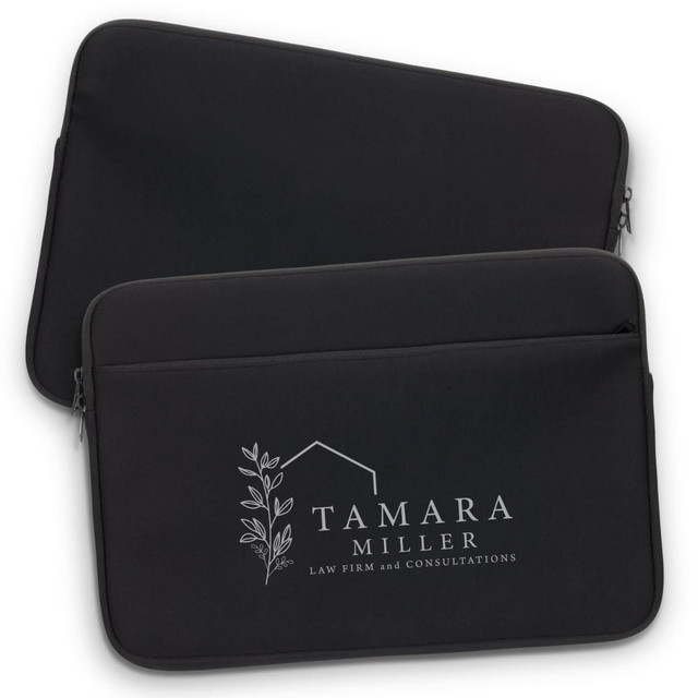 A black laptop sleeve featuring a logo on the front, with a smooth zip closure and a sleek design.