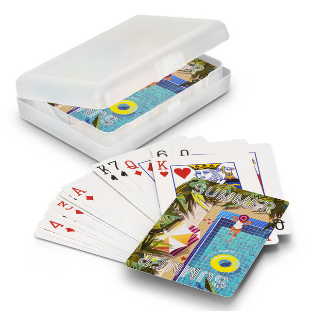A set of colourful playing cards in a white gift case, featuring tropical-themed designs.