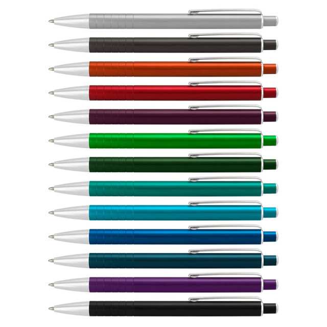 A collection of metal pens in various colours, including silver, orange, green, purple, and black, with silver accents.