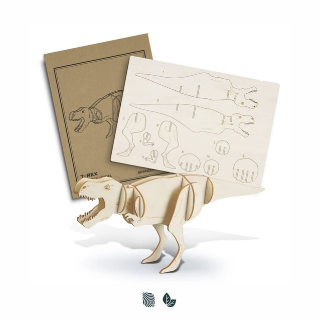 A wooden model of a Tyrannosaurus Rex with flat pieces for assembly, featuring natural wood colour. Includes a branded background.