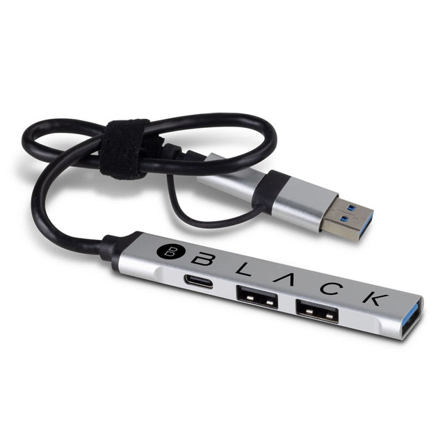 A black and silver Megabyte USB Hub with multiple USB ports and a connecting cable. It features a logo on the side.