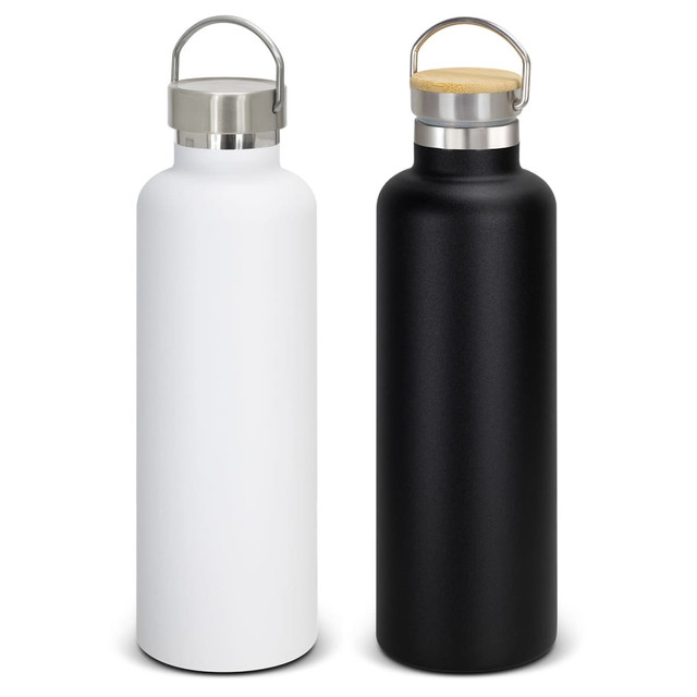 A drink bottle duo featuring a white and a black vacuum bottle, each with a stainless steel lid and a wooden handle.