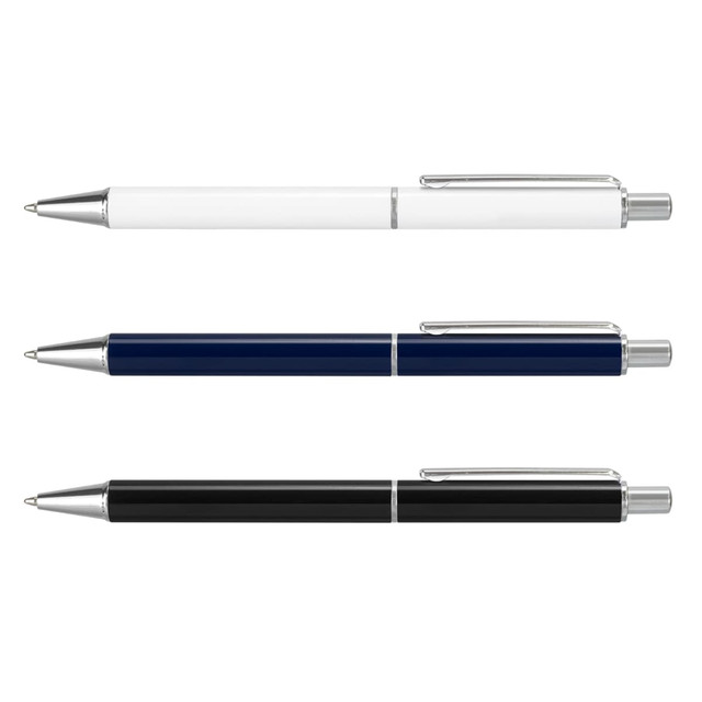 A set of three metal pens in white, navy blue, and black, featuring chrome accents and a branding logo.